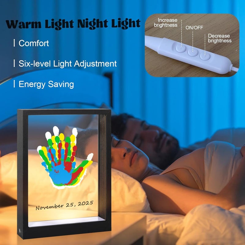 Bixinyo Family Handprint Kit with Light, Baby Hand and Footprint Keepsake Wooden Frame, Family Gifts for New Parents, Christmas, Mom & Baby, Grandparents, Adoption Gifts, 5 Non-Toxic Paints (Black) - Image 2
